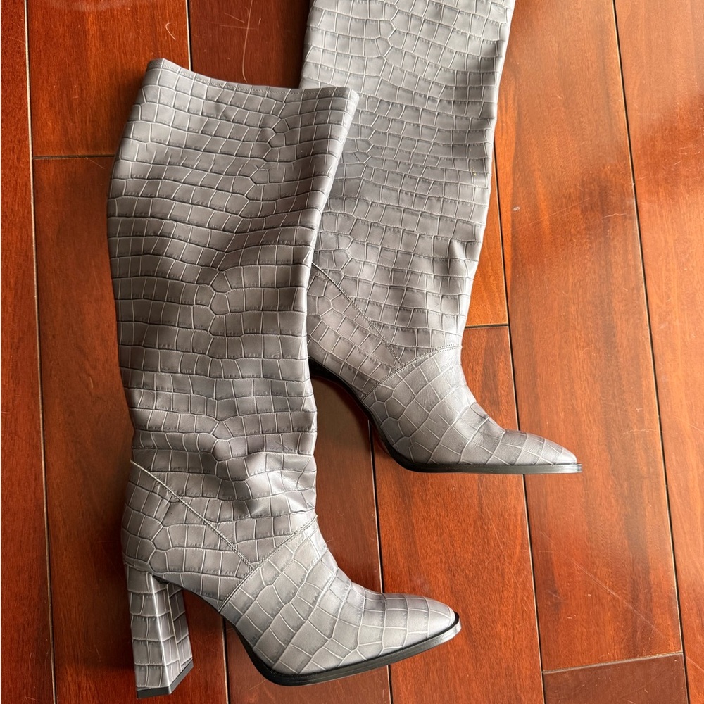 BY FAR Gray Heeled Boots with Textured Fabric